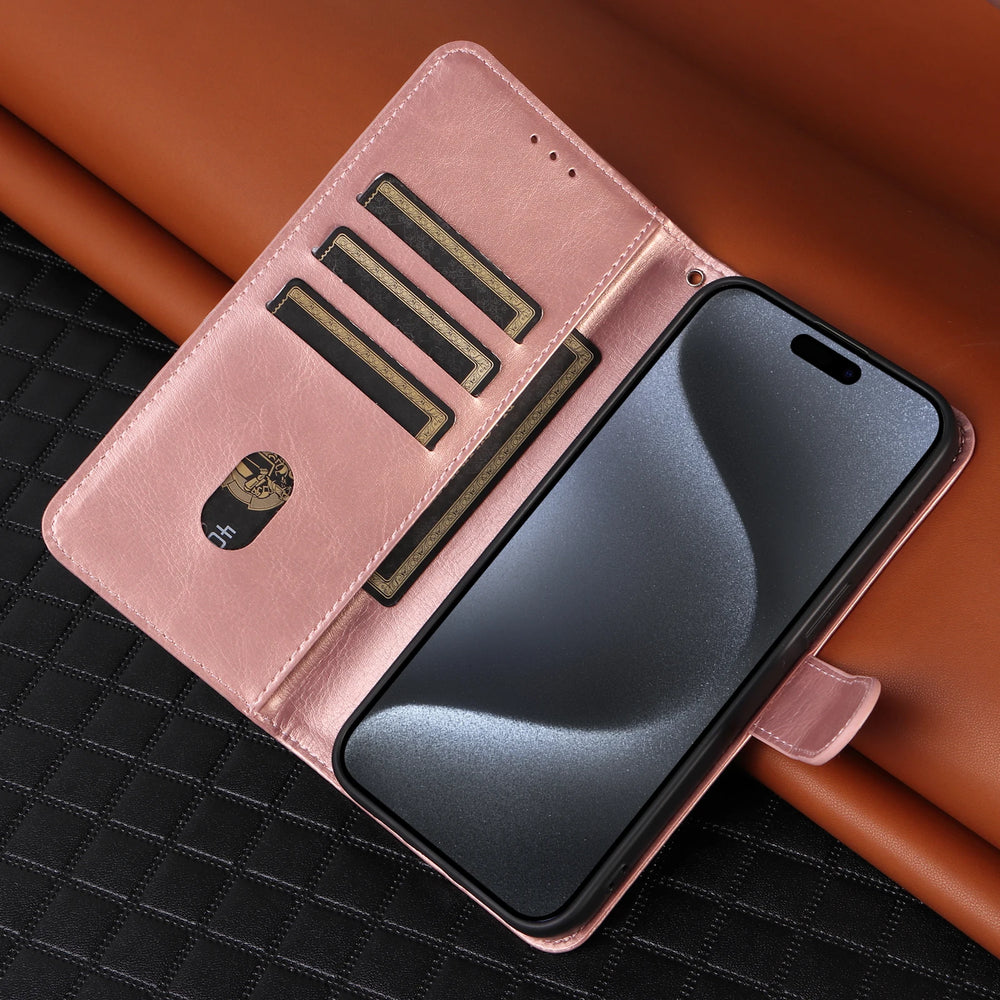 Rose gold phone case with card slots on a dark surface