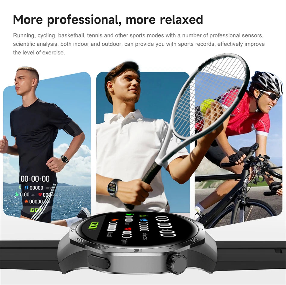 Smartwatch with sports modes displayed, featuring a person running, playing tennis, and cycling.