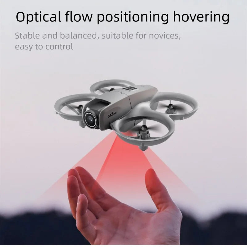 Small drone hovering above a hand with text about optical flow positioning and stability.
