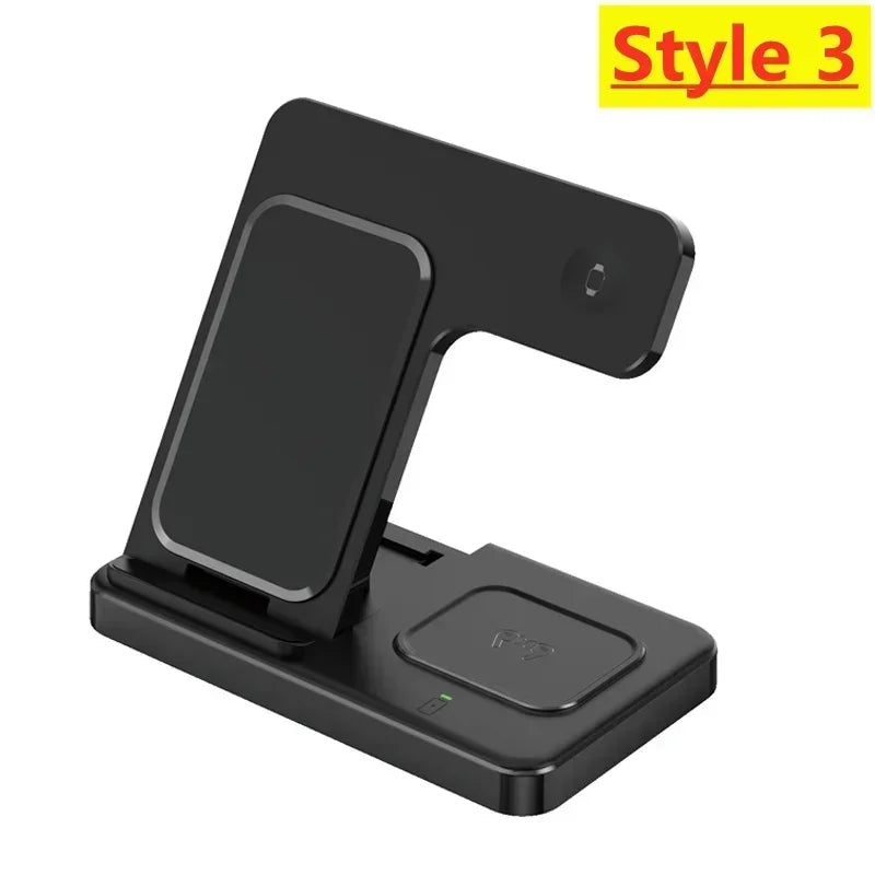 Black phone stand with wireless charging pad on a white background, labeled 'Style 3'.