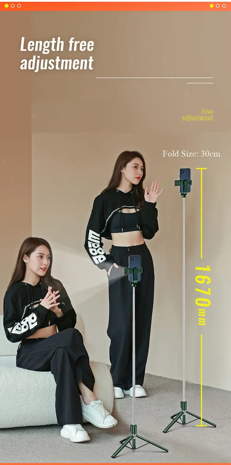 Two women demonstrating a stand with length free adjustment feature, showing fold size and height measurements.