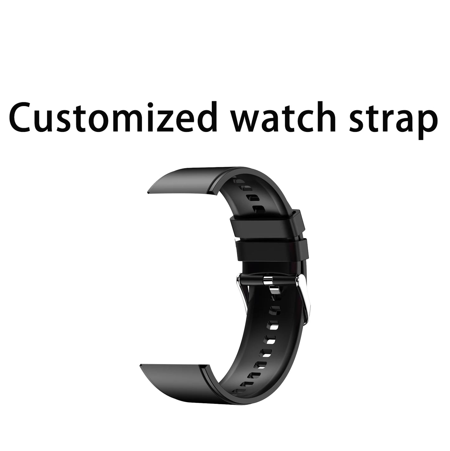 Black watch strap on a white background with text 'Customized watch strap'.