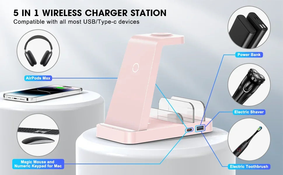 5-in-1 wireless charger station with compatibility icons on a light gray background