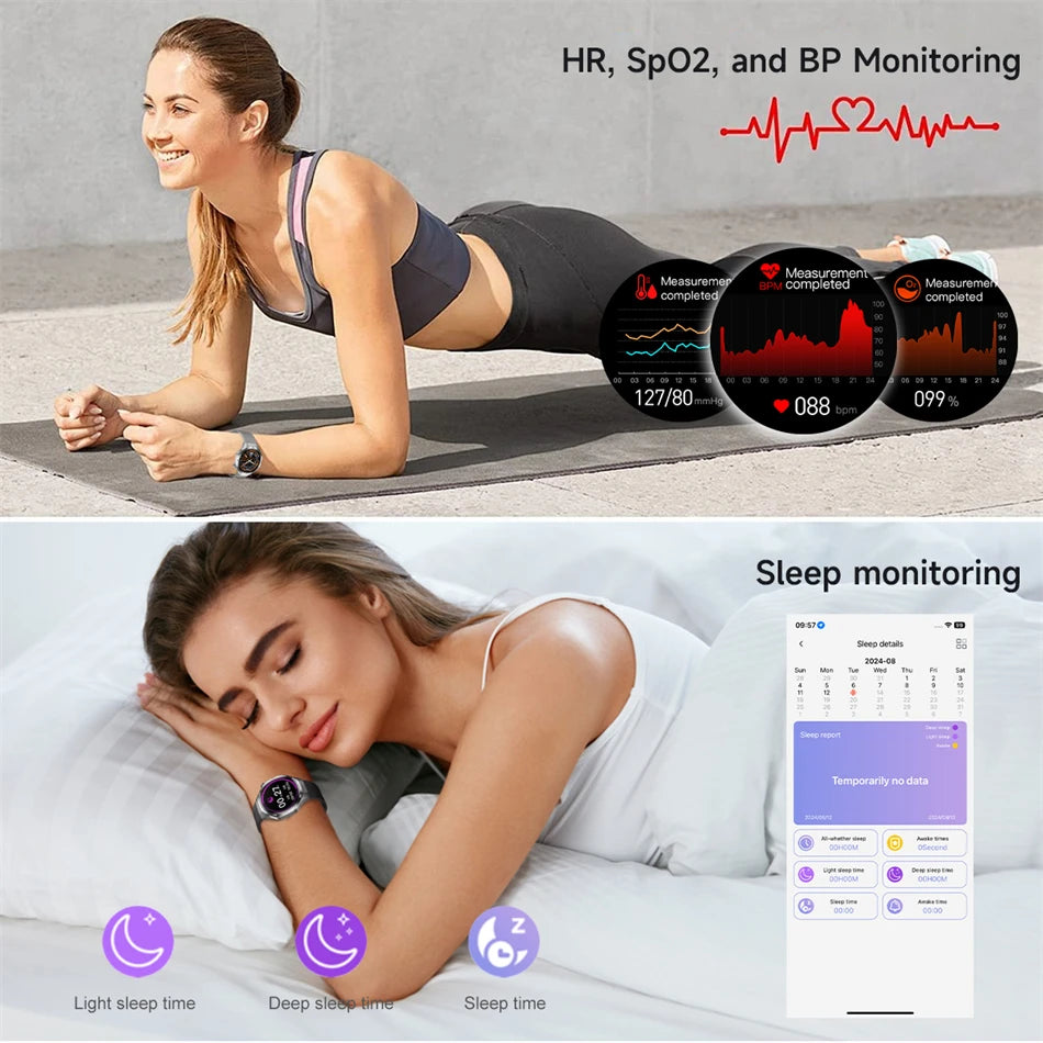 Woman exercising with health monitoring devices and sleep monitoring app on a smartphone.