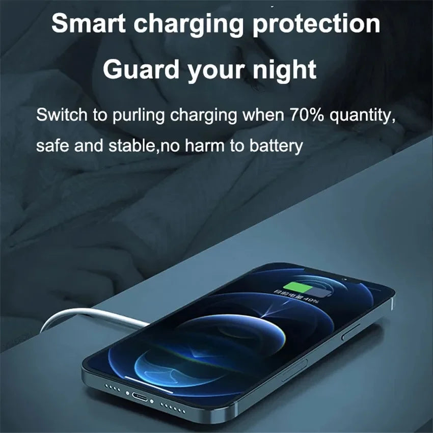 iPhone on bedside table charging with magnetic wireless charger featuring smart protection mode at night".