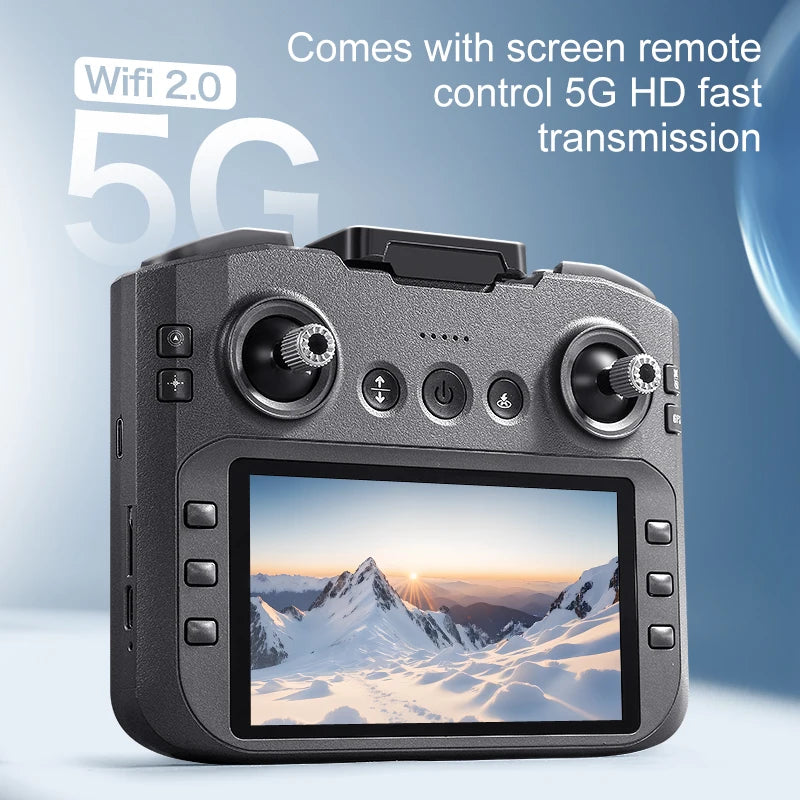 Control device with screen displaying mountain landscape, featuring text about WiFi 2.0, screen remote control, 5G, HD fast transmission.