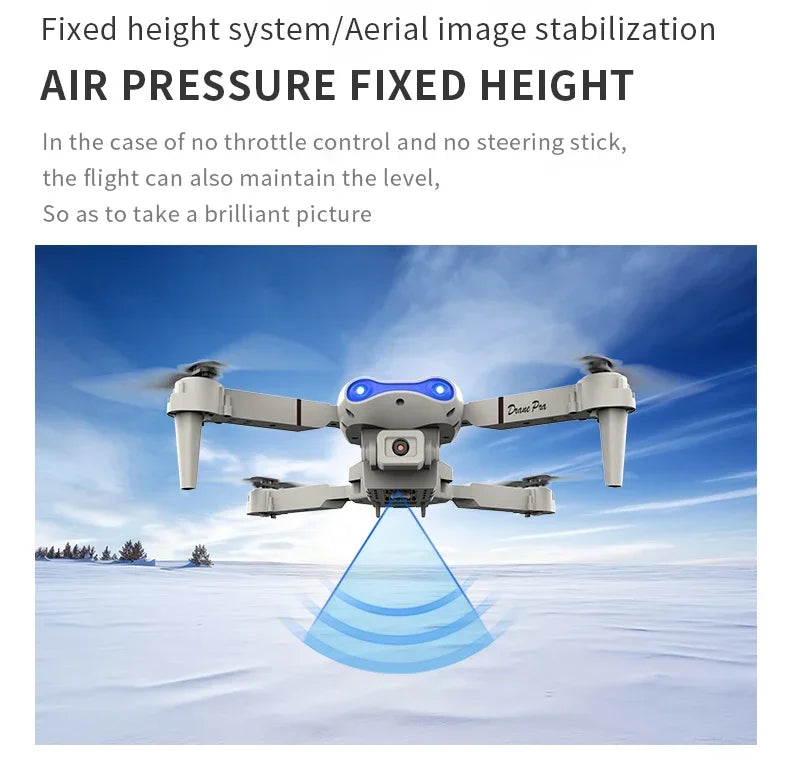 Drone with air pressure fixed height system feature on a snowy landscape background
