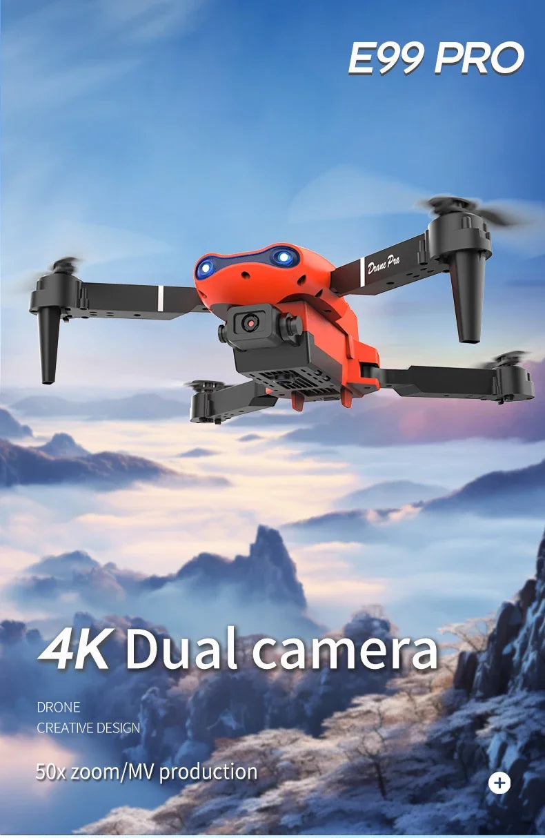 Drone with 4K dual camera feature against a mountainous landscape