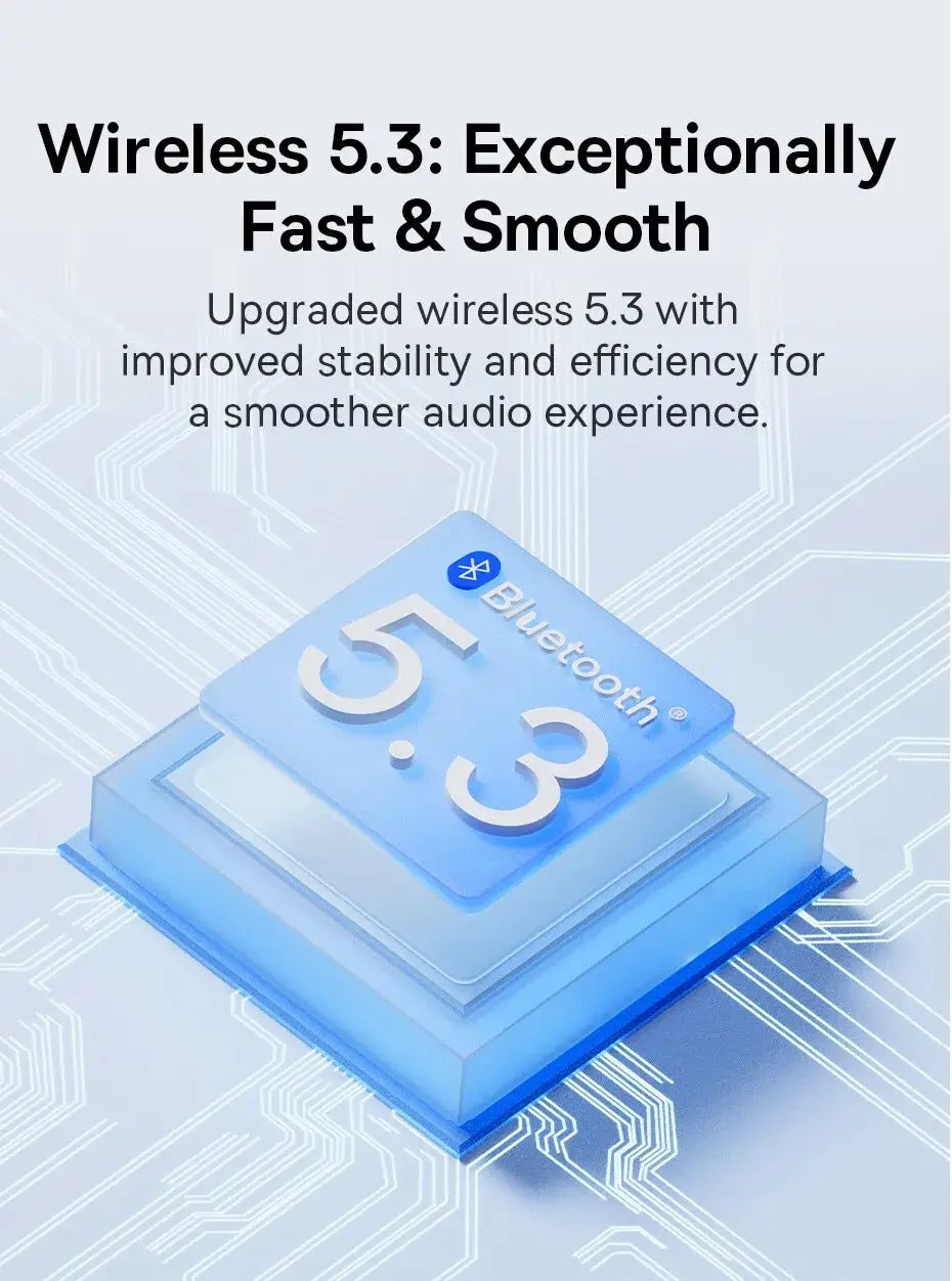 Bluetooth 5.3 chip with text highlighting fast and smooth wireless connection on a blue and gray background