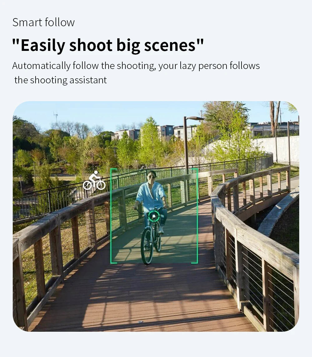 Person riding a bike on a bridge with text about smart follow feature.