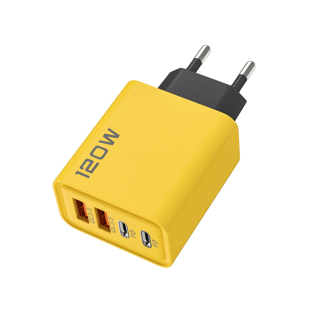 Yellow power adapter with multiple ports on a white background