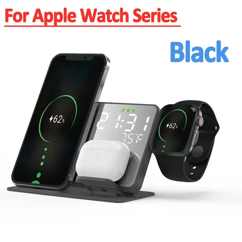 Black wireless charging stand with Apple Watch, phone, and airpods on a white background