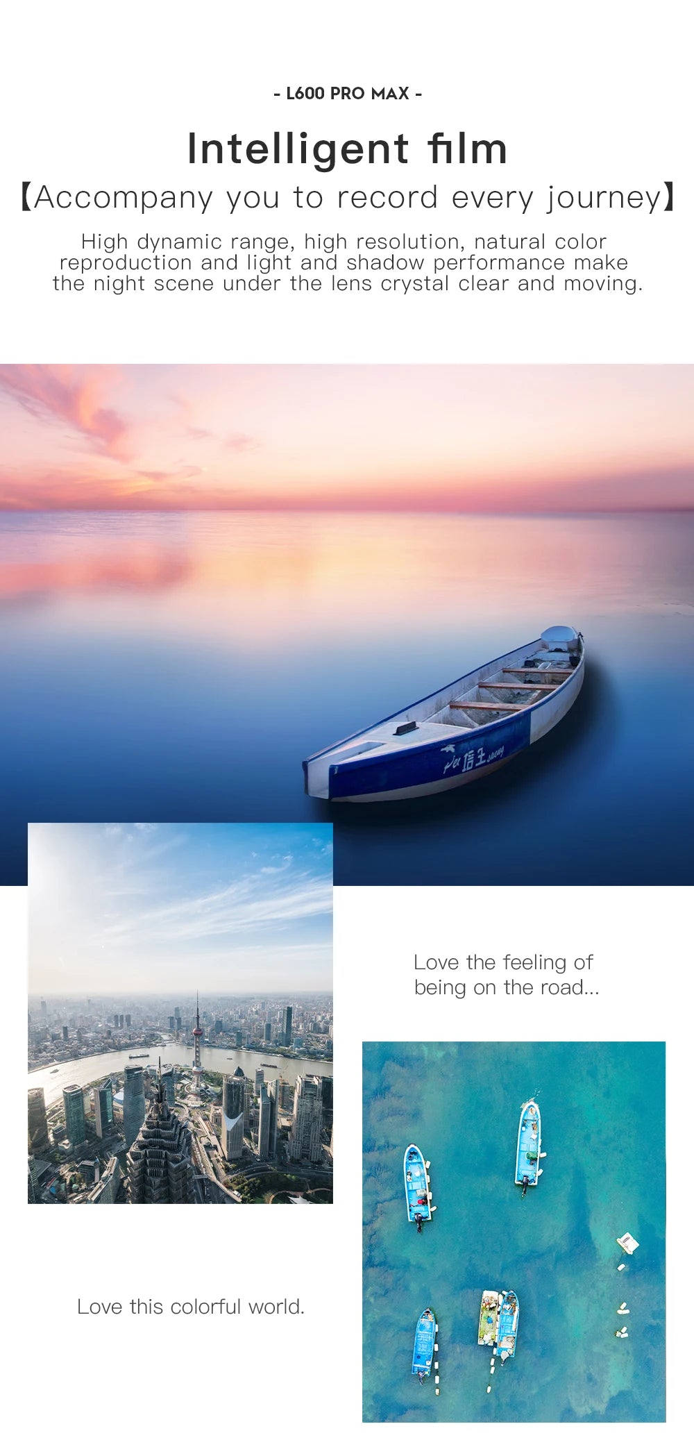 Promotional image of a smartphone with a scenic view of a boat on water and cityscape.