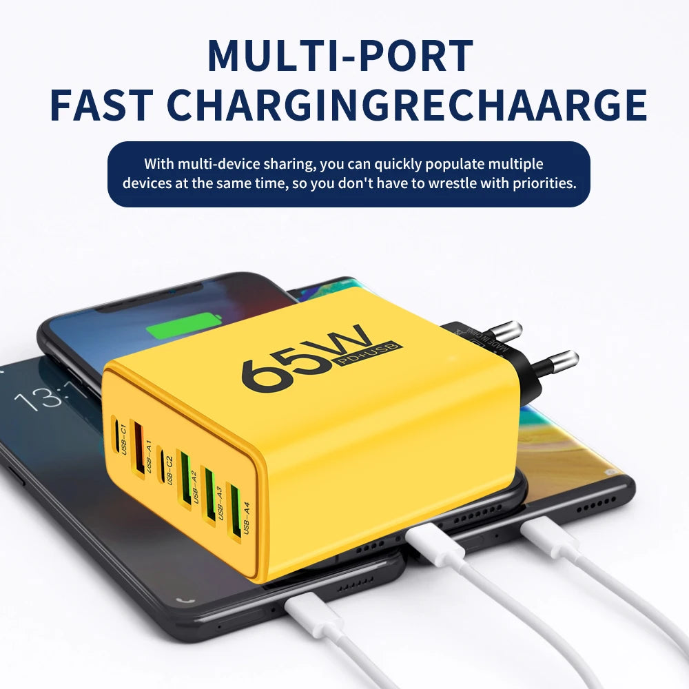 Yellow multi-port charging device with text 'Multi-Port Fast Charging Recharge' on a white background