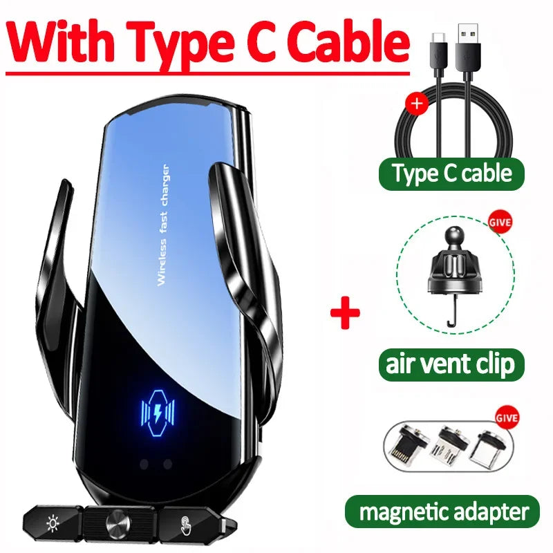Wireless charger with Type C cable, air vent clip, and magnetic adapter on a white background.