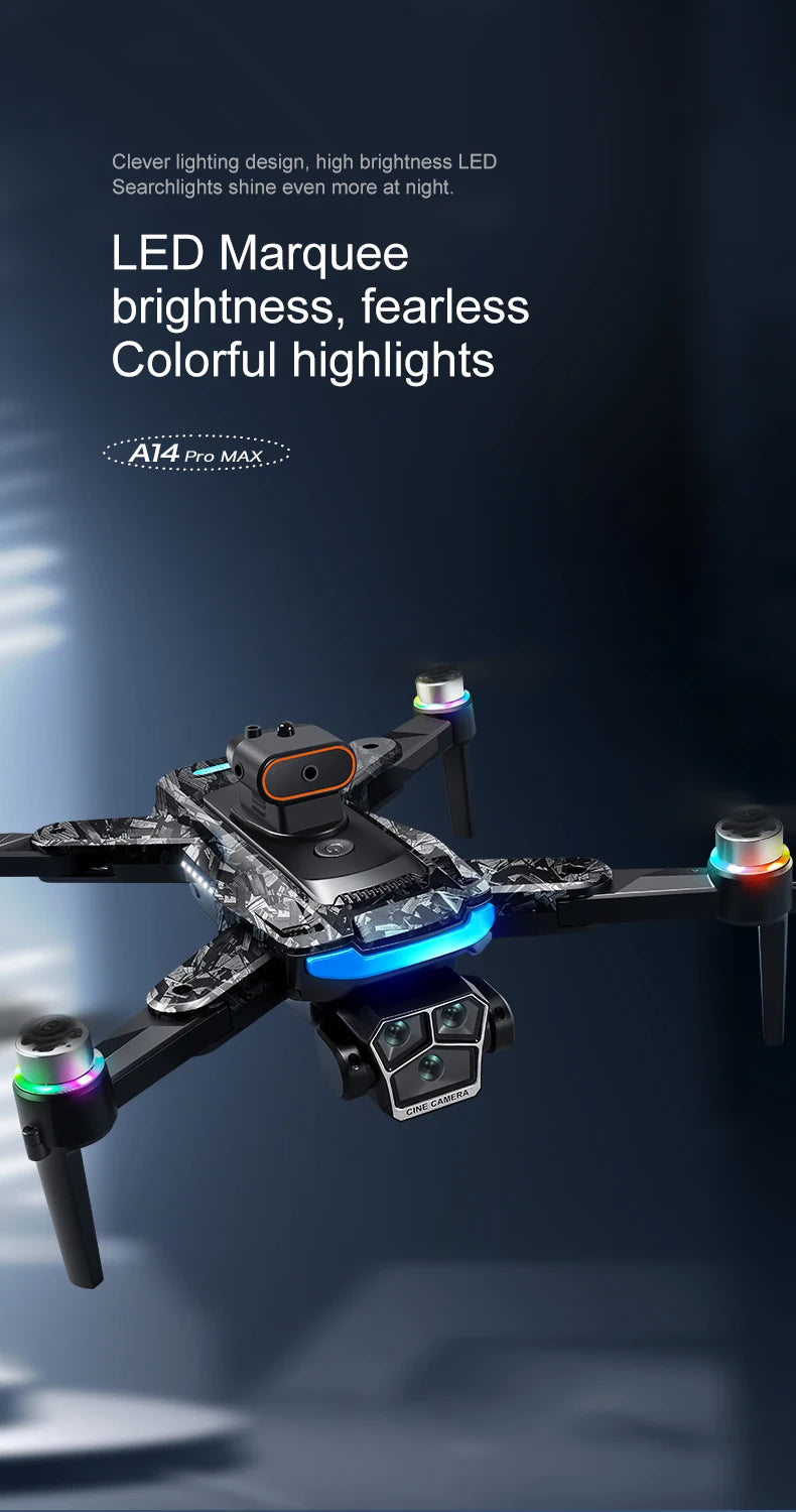 Drones with colorful LED lights on a dark background