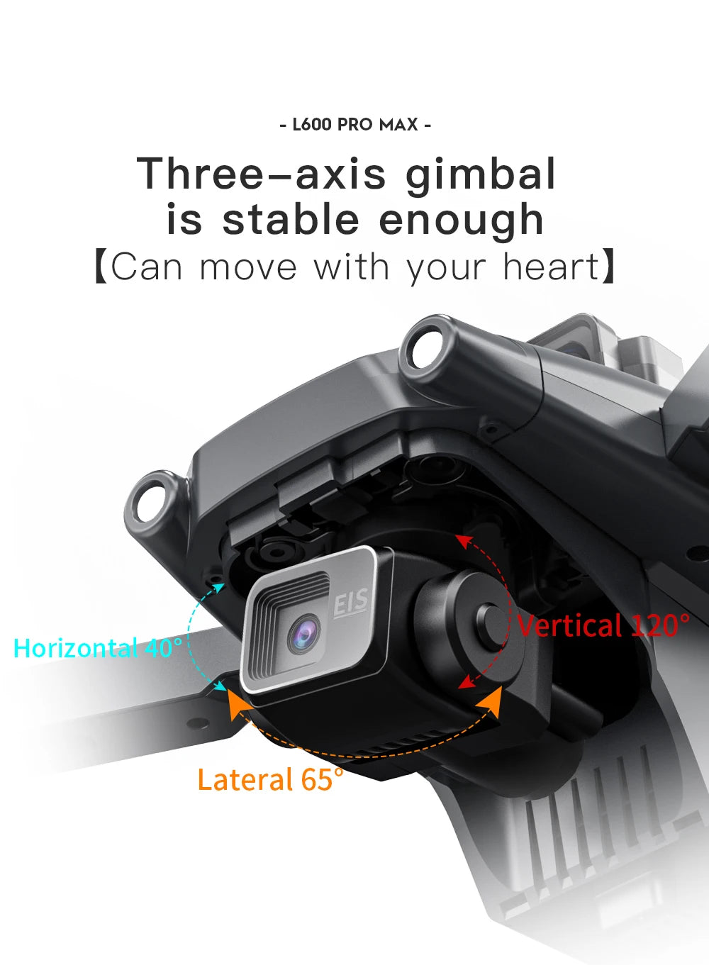 Three-axis gimbal with stability specifications on a white background