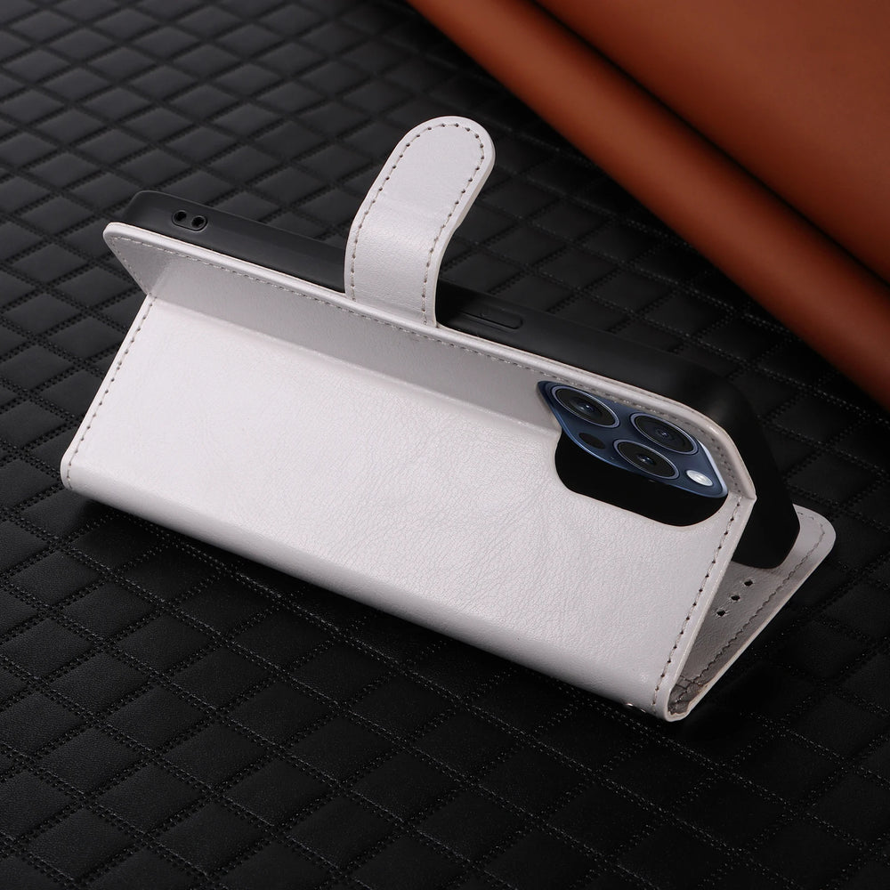 White phone case with a stand feature on a textured black surface