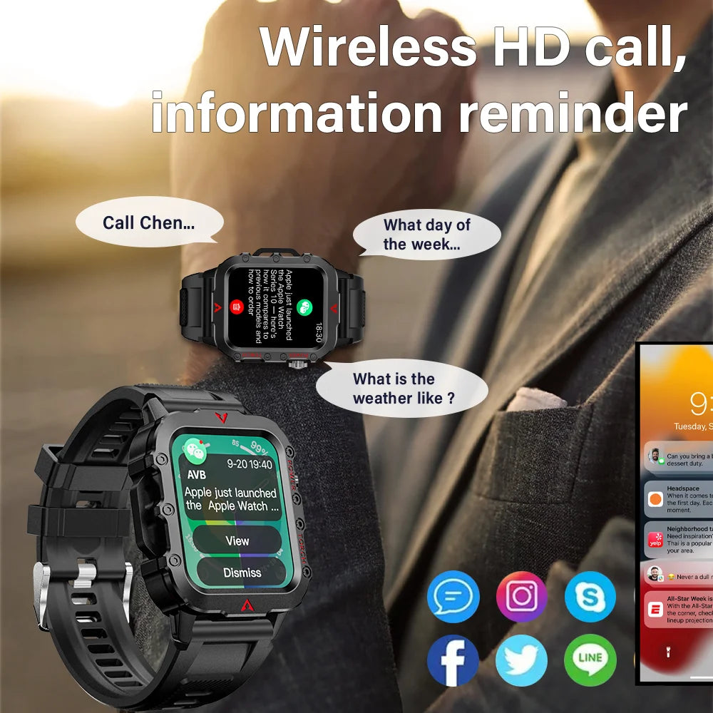 Smartwatch with text display and app icons, featuring wireless HD call and information reminder capabilities.