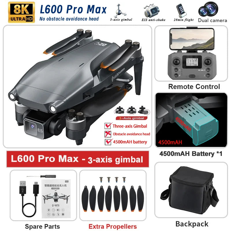 L600 Pro Max drone with remote control, battery, accessories, and packaging on a white background.