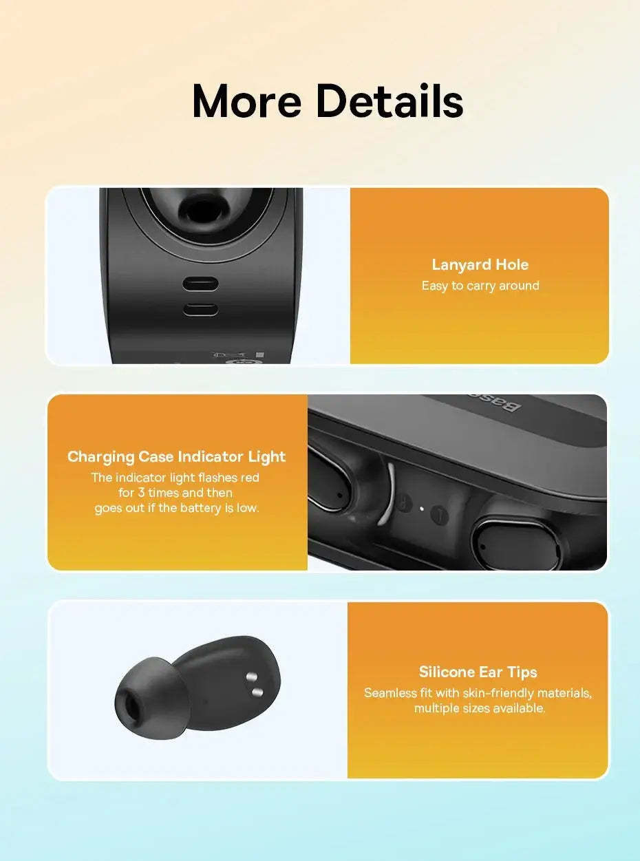 Detailed view of wireless earbuds with charging case, lanyard hole, indicator light, and ear tips on a gradient background