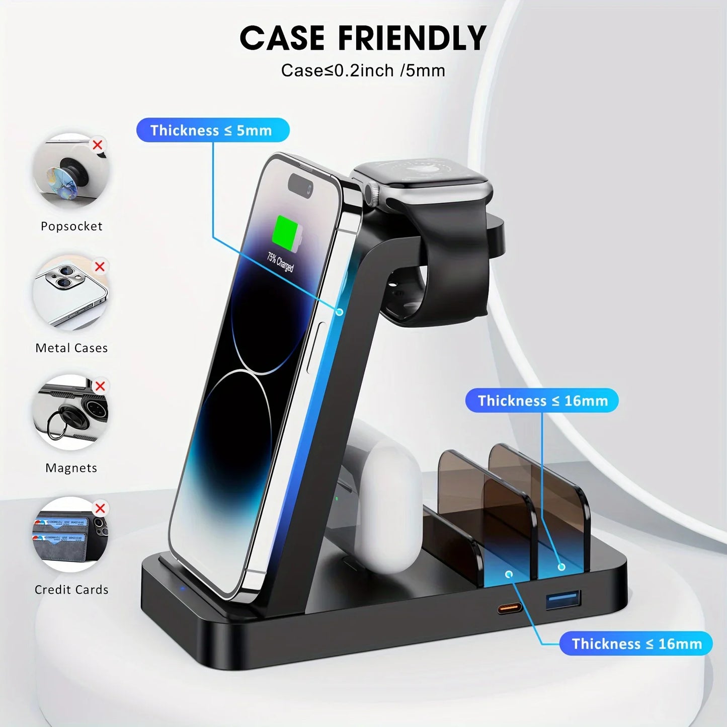 Multi-device charging stand with smartphone, smartwatch, and wireless earbuds on a white background.