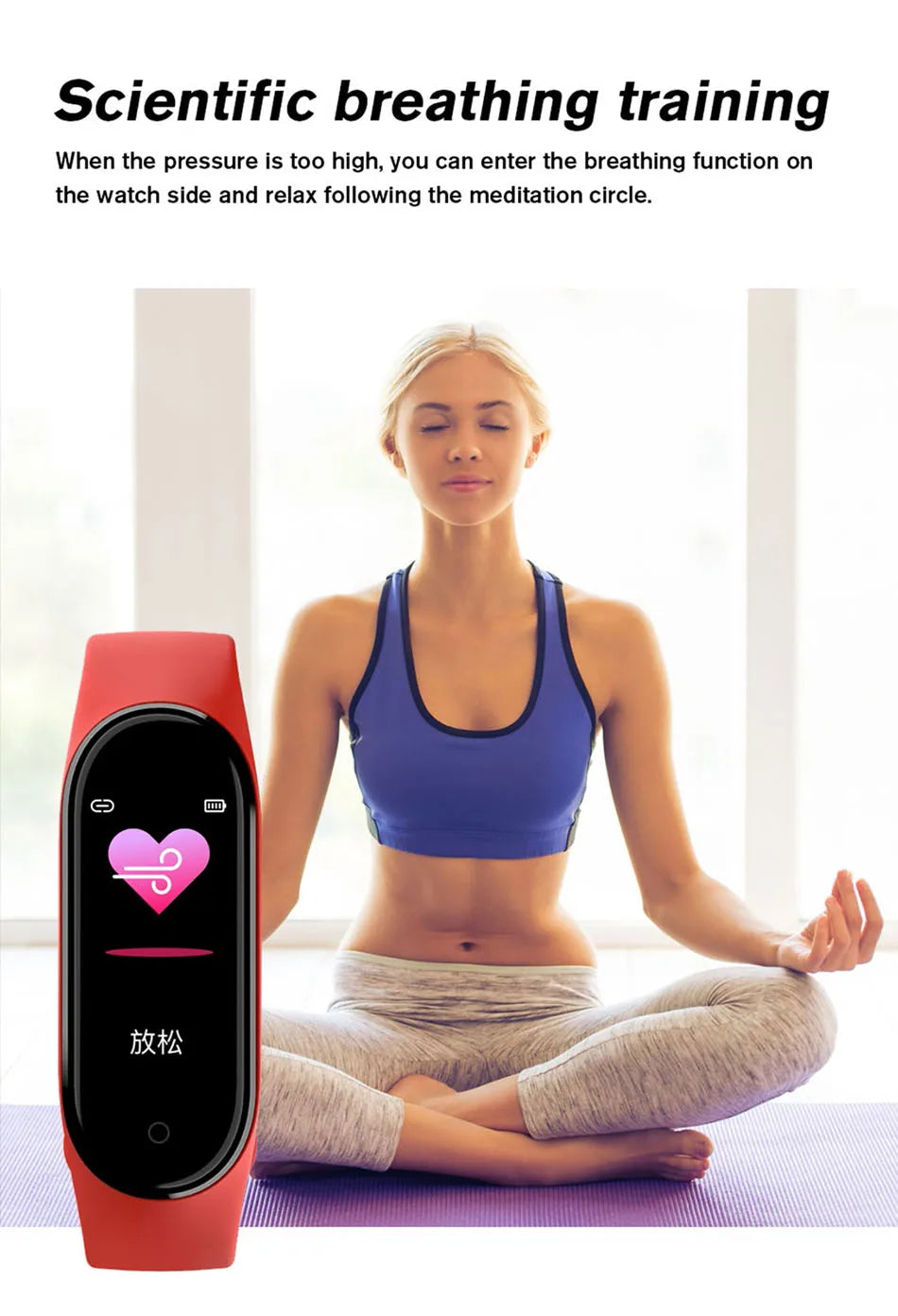 Woman meditating with a red smartwatch displaying a heart icon on a white background