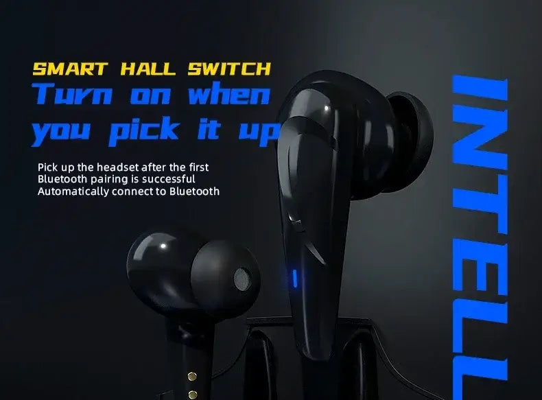 Black wireless earbuds with text on a dark background, featuring the brand 'INTELL'.