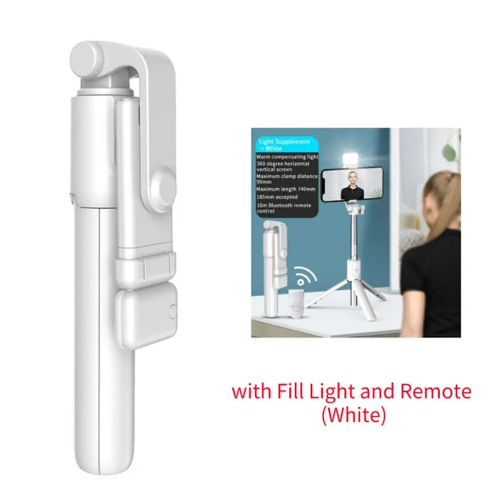 White selfie stick with fill light and remote on a white background