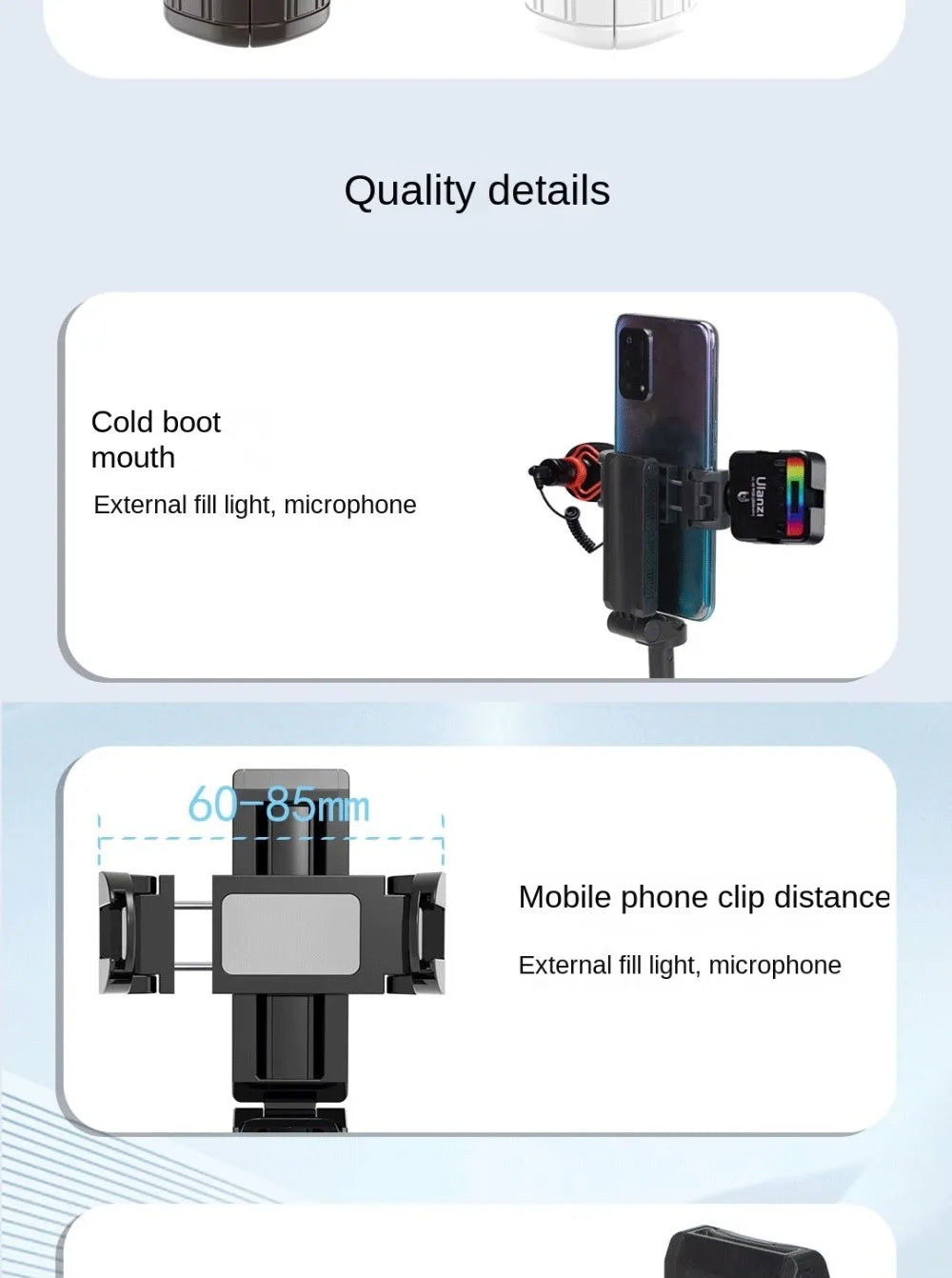 Phone holder with quality details on a light blue background