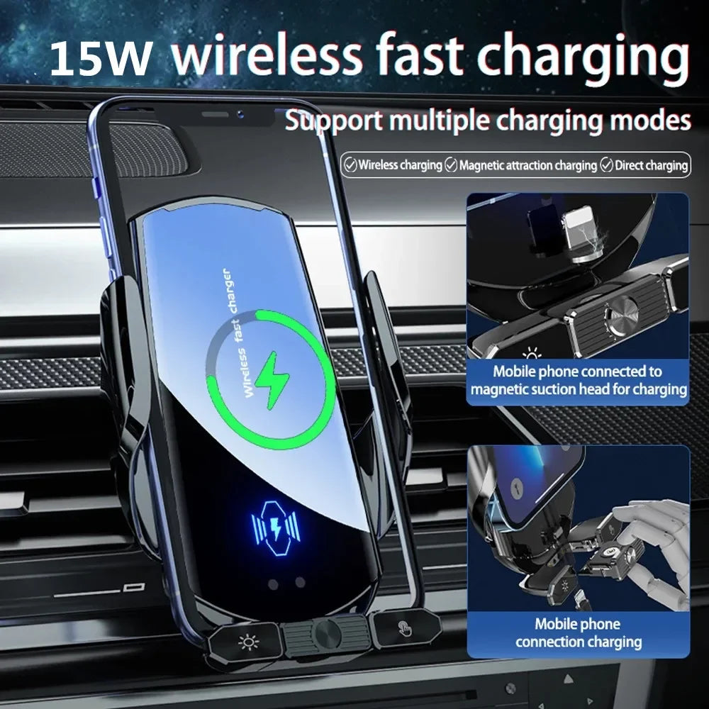 Wireless charging device with multiple charging modes on a car dashboard background.