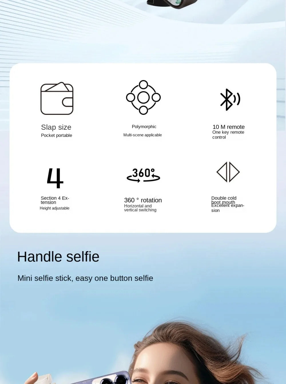 Mini selfie stick with features listed on a light blue background
