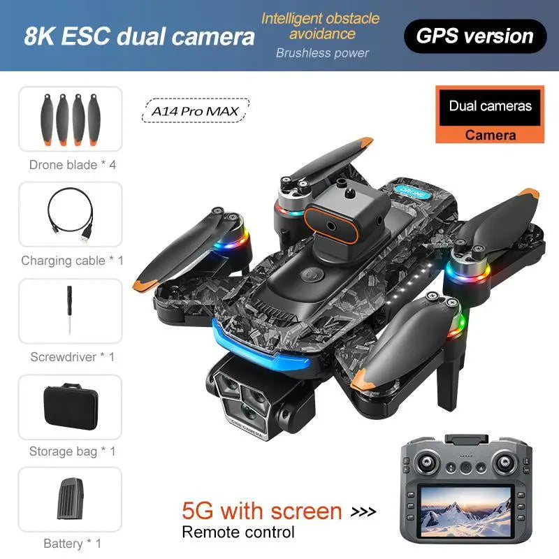 Drones with 8K ESC, dual camera, GPS version, and remote control on a white background.