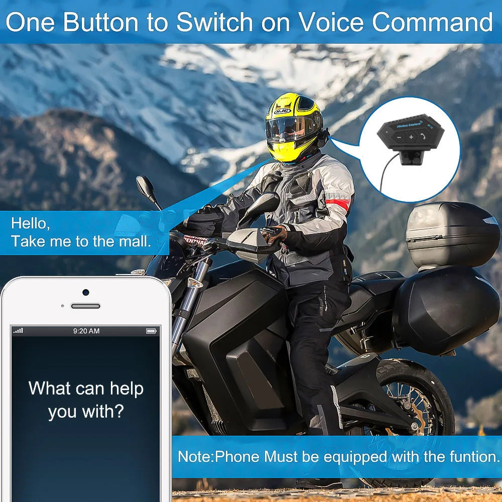 Person on a motorcycle with a helmet, phone, and text overlay about voice command technology.