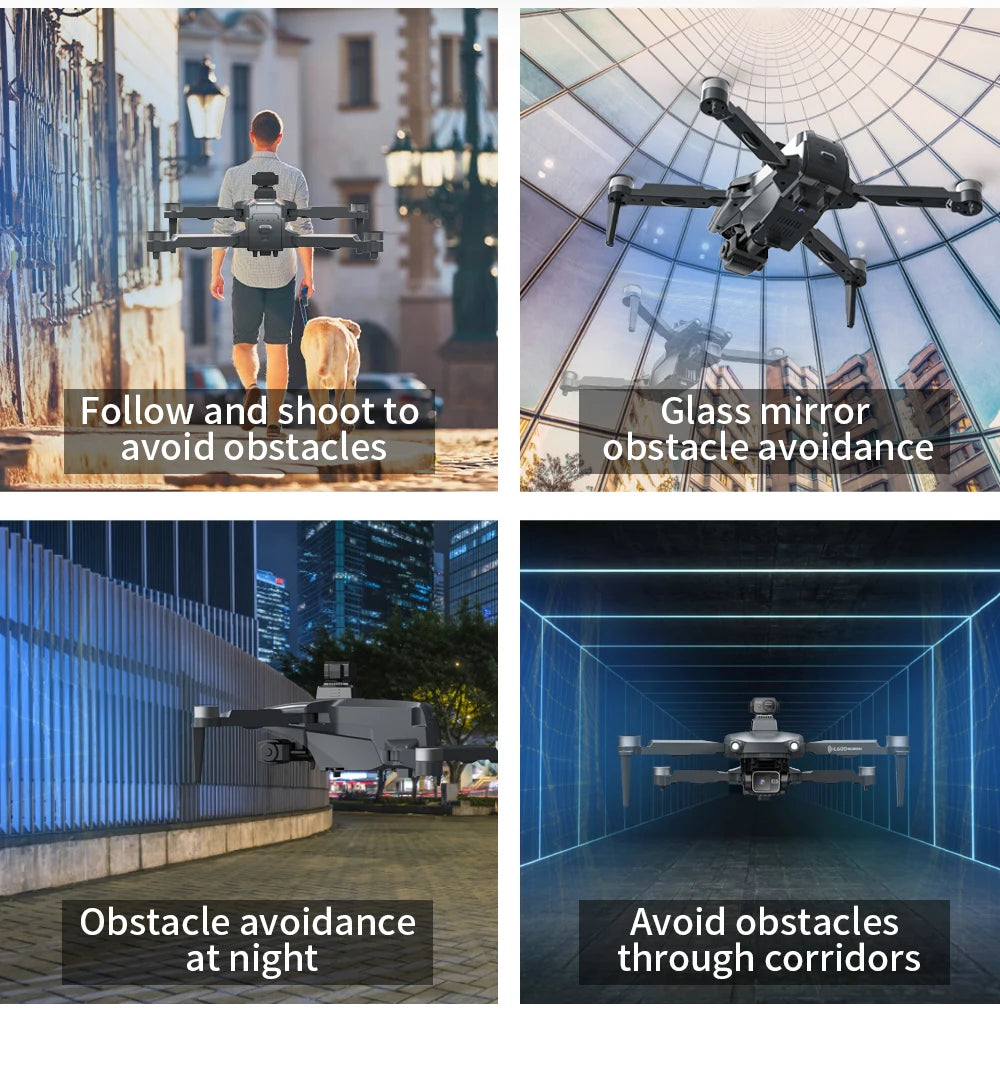 Collage of a drone performing obstacle avoidance in various environments.