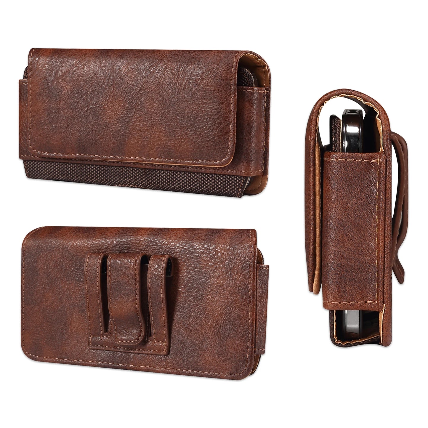 Brown leather phone holster with strap on a white background