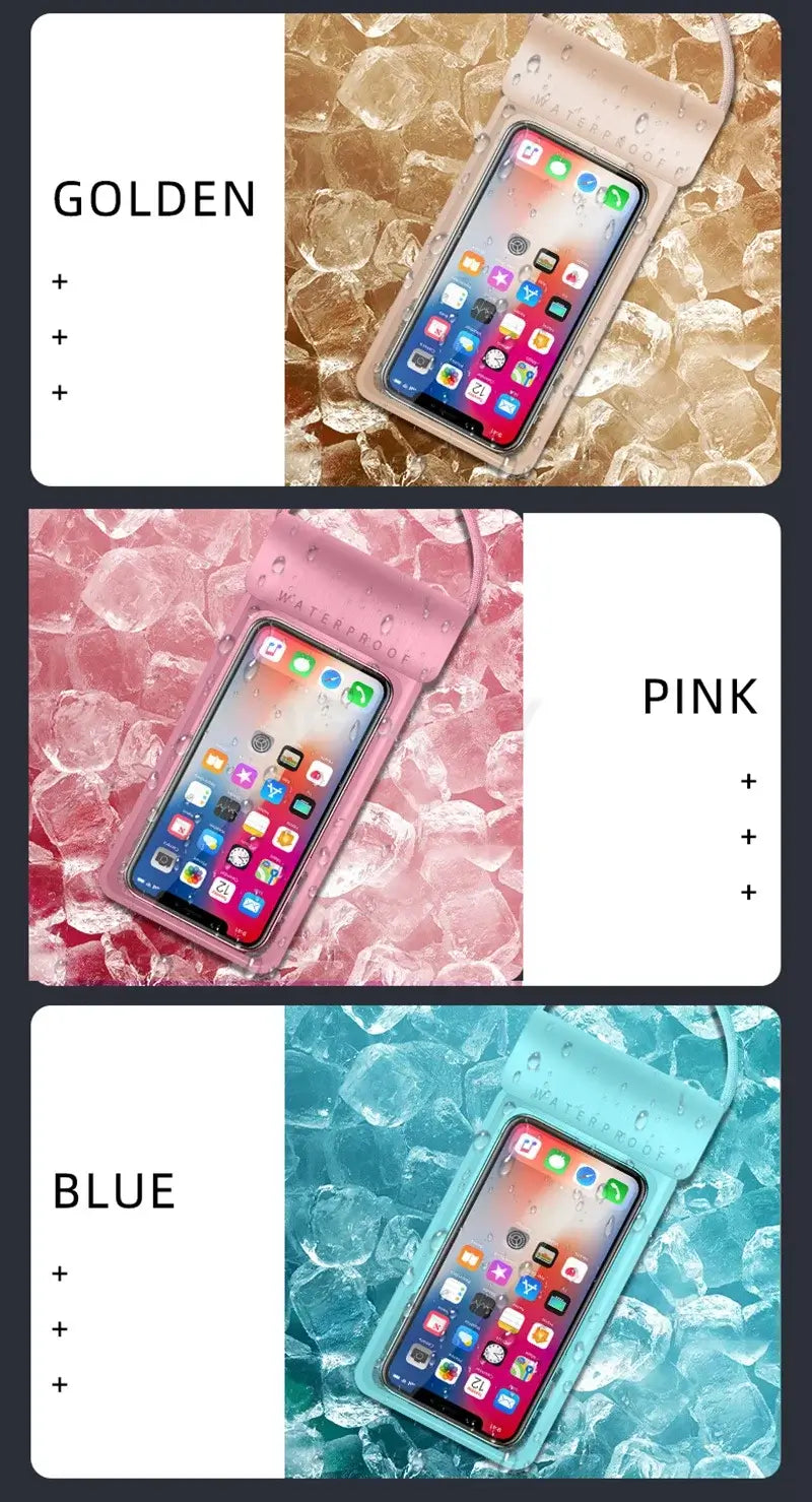 Three waterproof phone pouches in gold, pink, and blue with a phone inside on a textured background