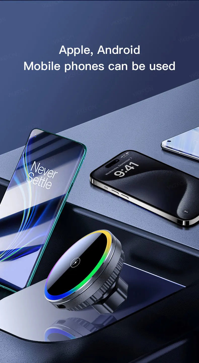 Wireless charger with smartphone and tablet on a blue gradient background