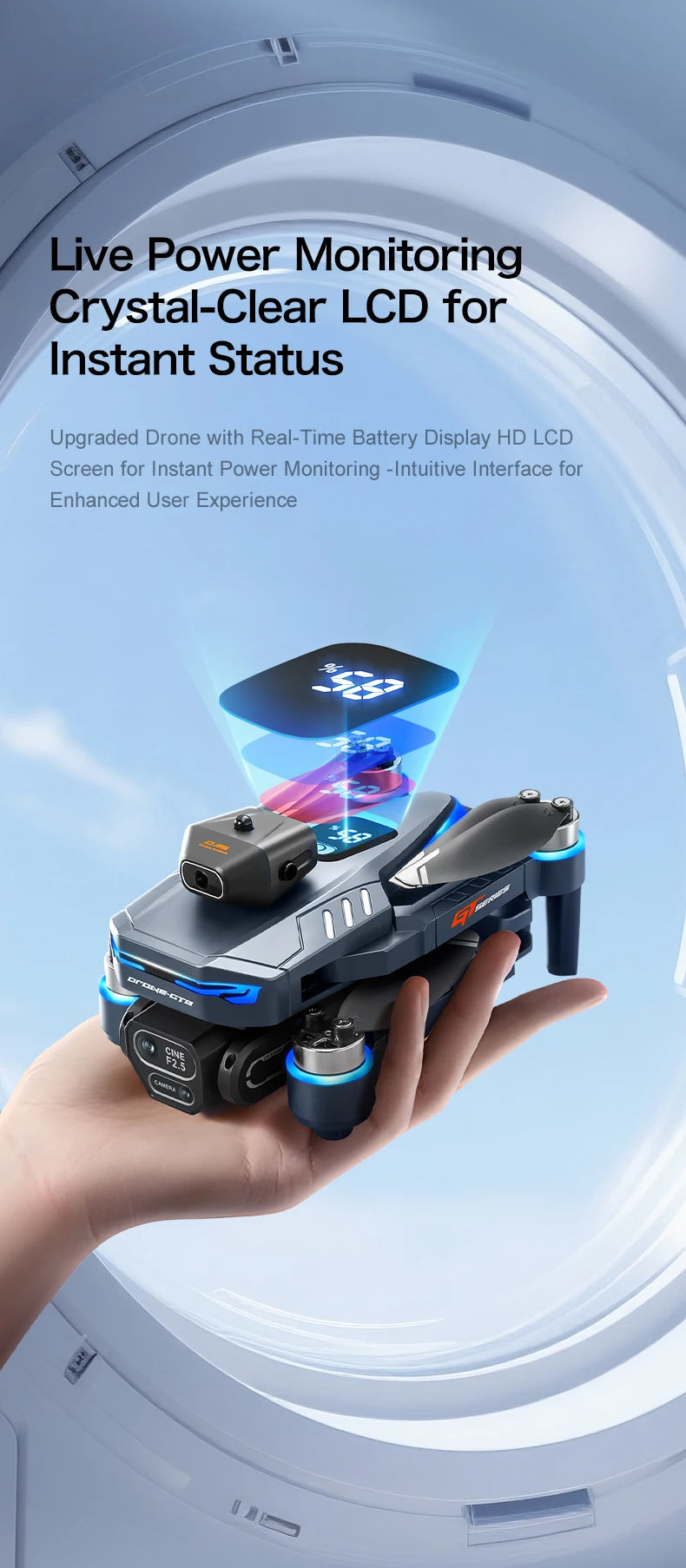 Hand holding a drone with text about live power monitoring and crystal-clear LCD.