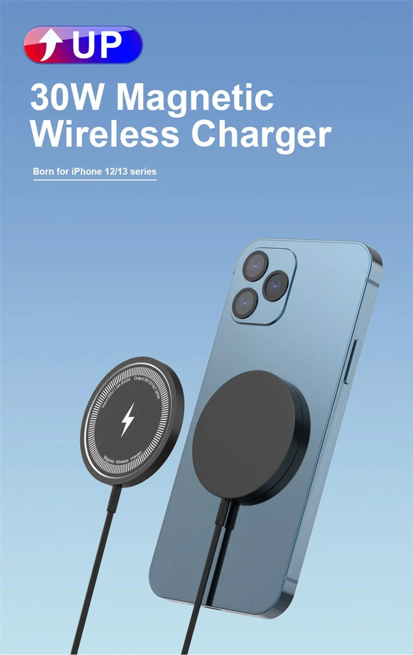 30W magnetic wireless charger attached to iPhone with black charging pad and cable.