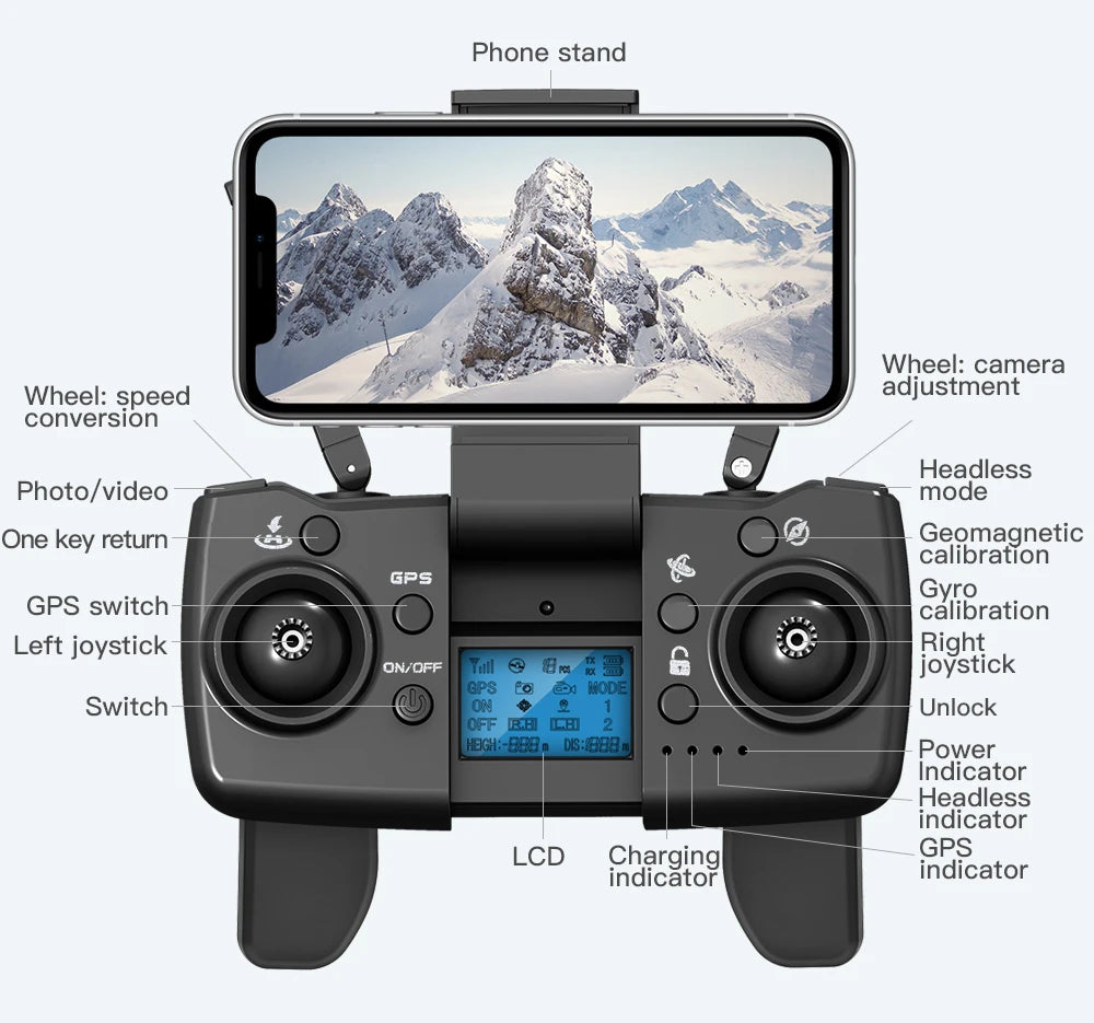 Control device with phone stand and various buttons labeled on a white background