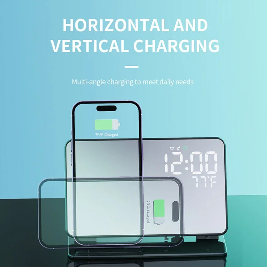 Multi-angle charging device with smartphone, clock, and battery indicator on a blue background