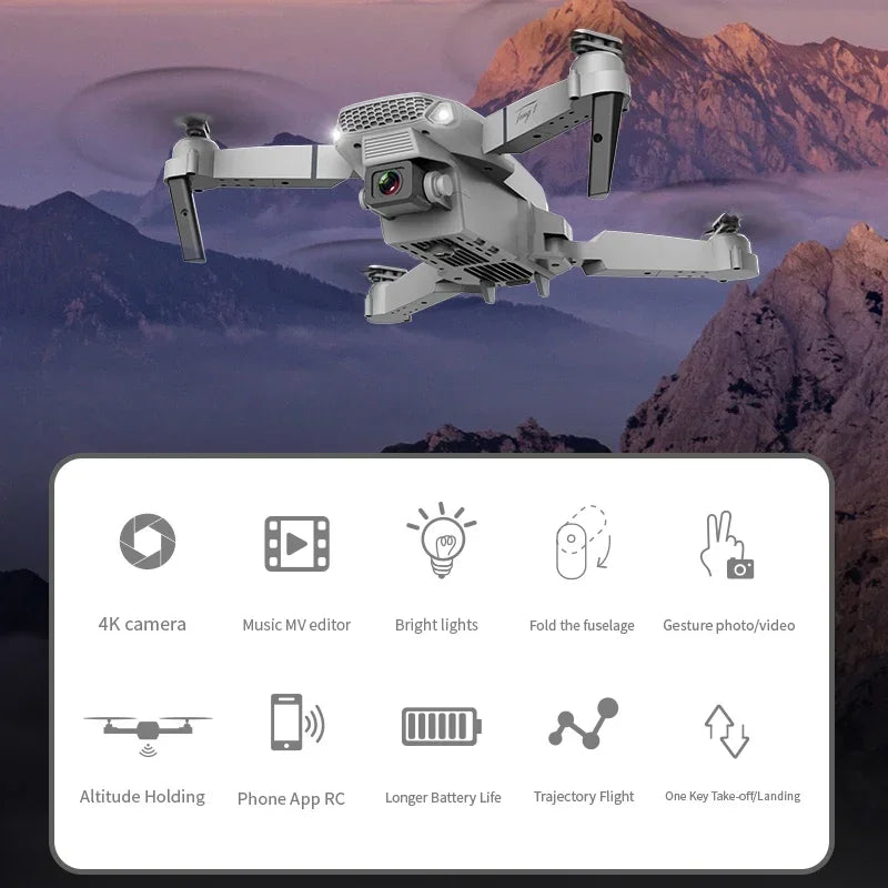 Drone flying against a mountainous landscape with feature icons below.