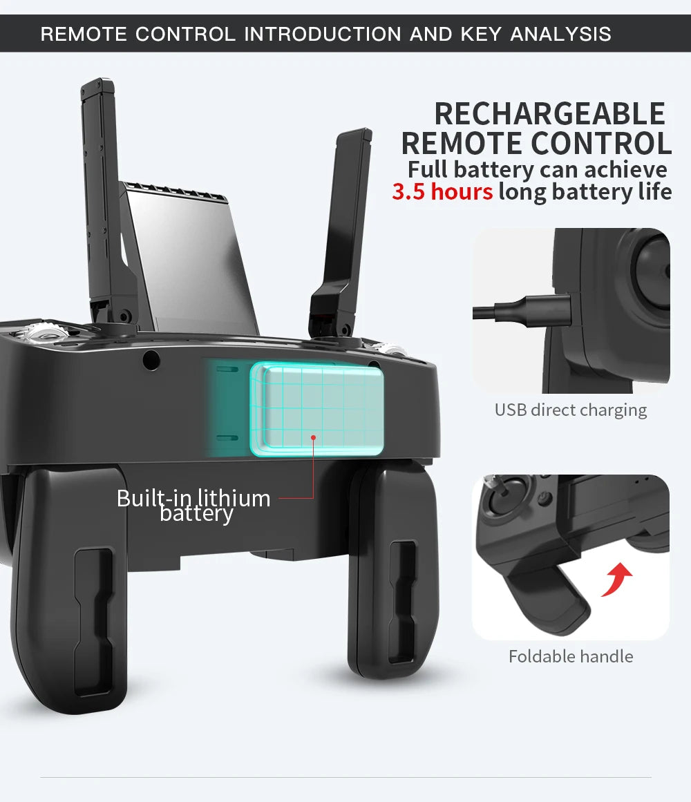 Rechargeable remote control with built-in lithium battery, USB charging, and foldable handle on a gray background.