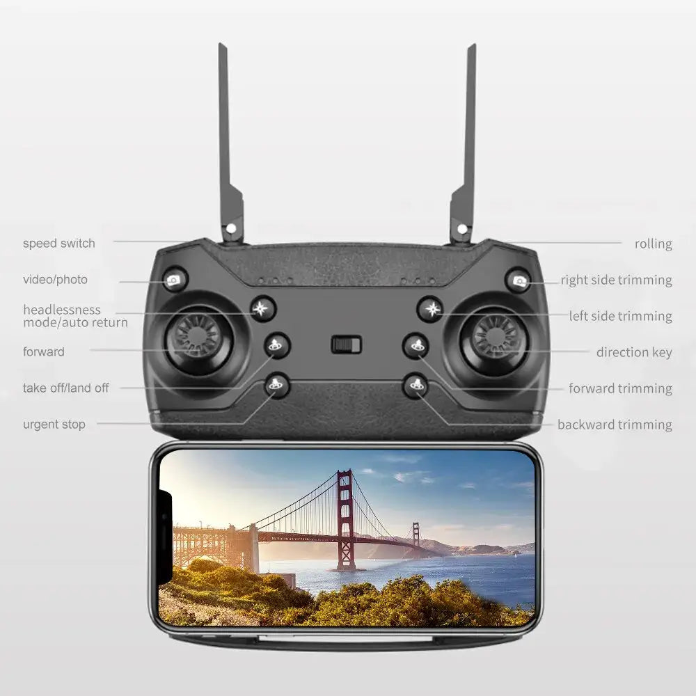 E88 Pro black drone remote control with smartphone display showing the Golden Gate Bridge