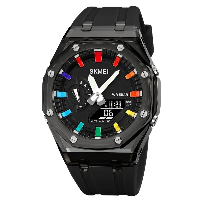 SKMEI men’s analog-digital watch with black case, black silicone strap, and colorful dial markers