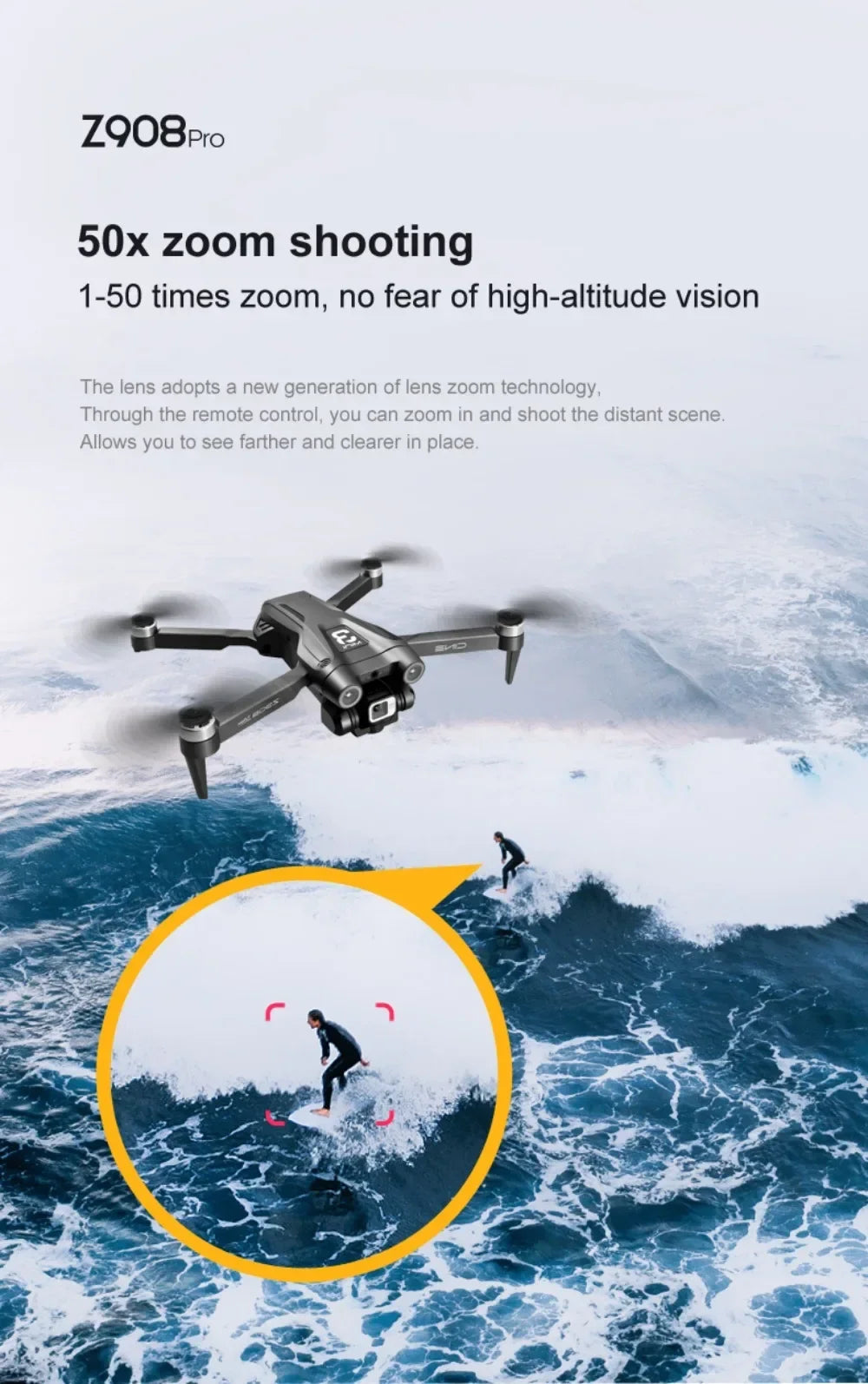Drone over a person surfing with text about 50x zoom shooting capabilities.