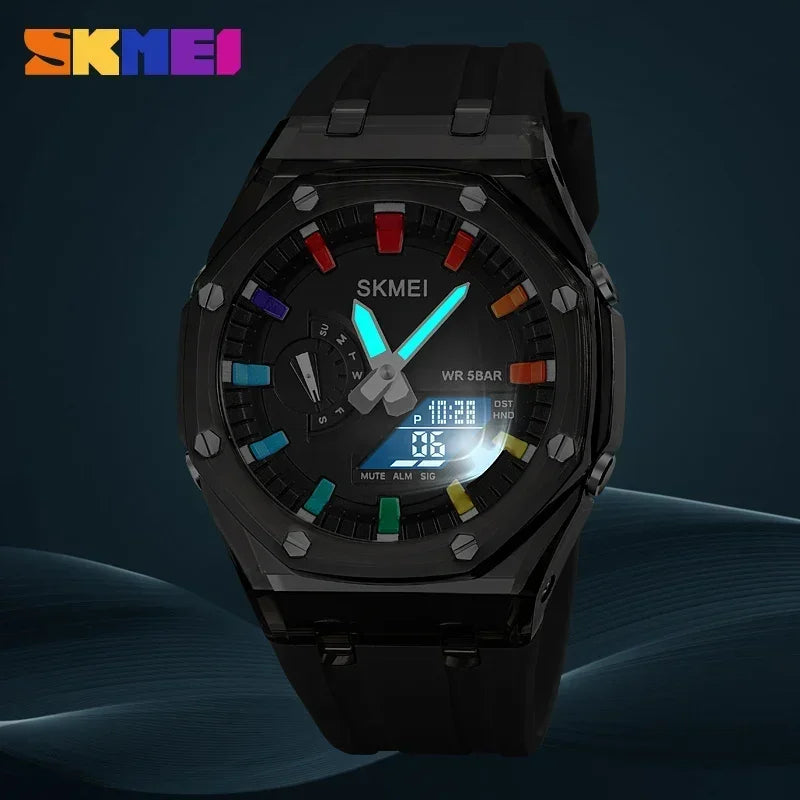 SKMEI men’s analog-digital watch with black case, black silicone strap, and luminous colorful dial markers