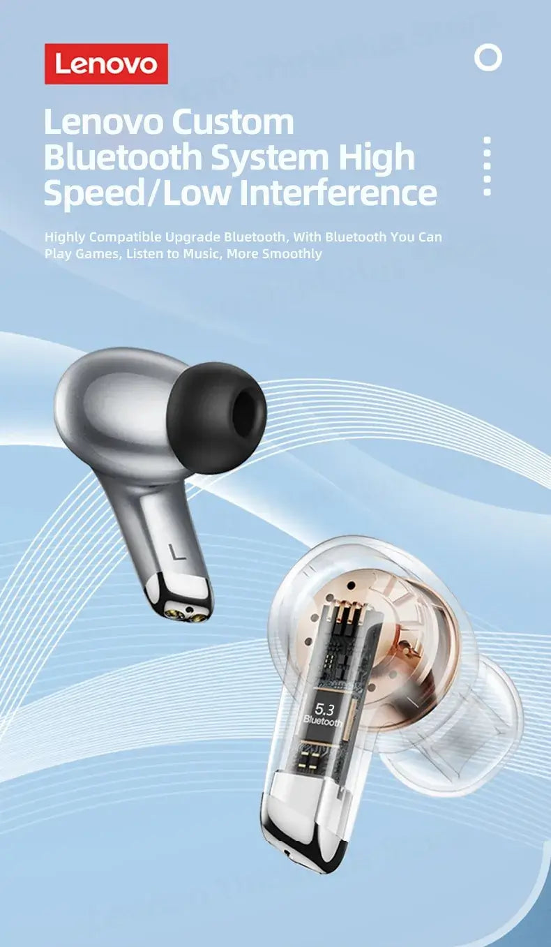 Lenovo wireless earbuds with text on a light blue background