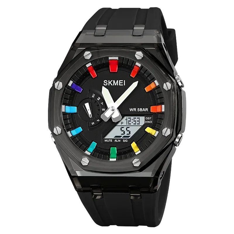 SKMEI men’s analog-digital wristwatch with black case, black silicone strap, and colorful luminous dial markers